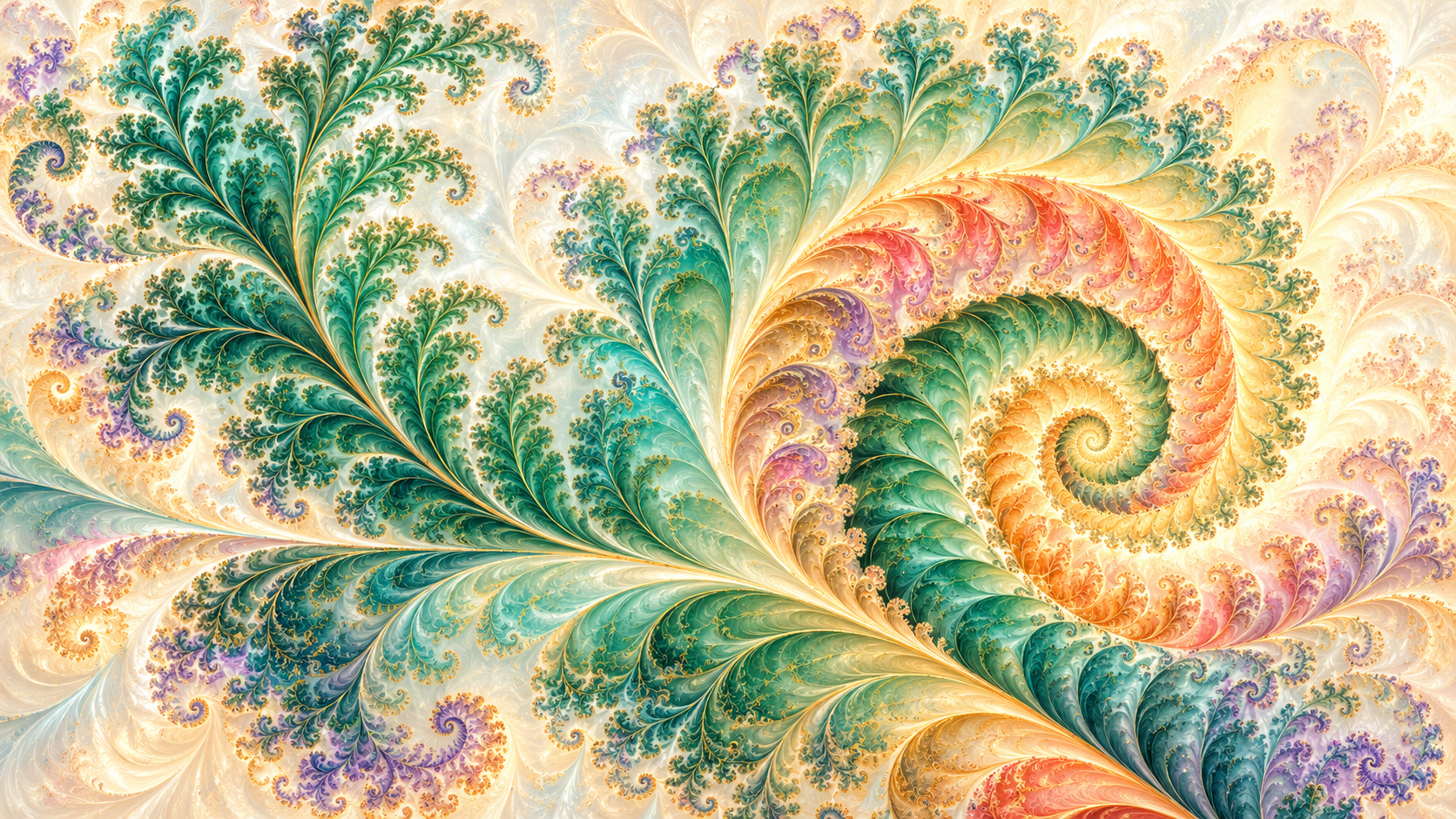 Colorful branching fractal in teal, gold, coral, and violet